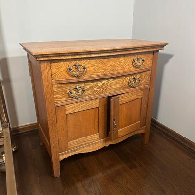 LOT 22Z: Antique Tiger Oak 2 Drawer 2 Door Side Table