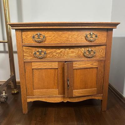 LOT 22Z: Antique Tiger Oak 2 Drawer 2 Door Side Table