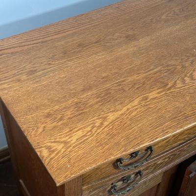 LOT 22Z: Antique Tiger Oak 2 Drawer 2 Door Side Table
