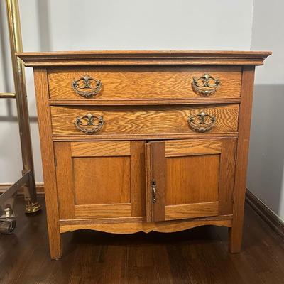 LOT 22Z: Antique Tiger Oak 2 Drawer 2 Door Side Table