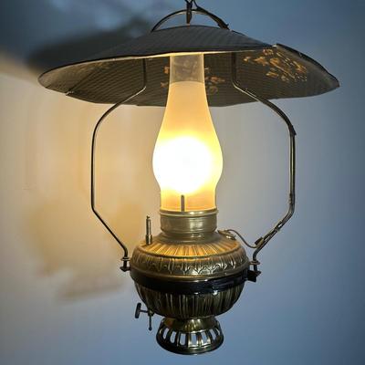 LOT 25Z: Antique Late 19th Century Brass Oil Saloon Lamp converted to Electric made in USA