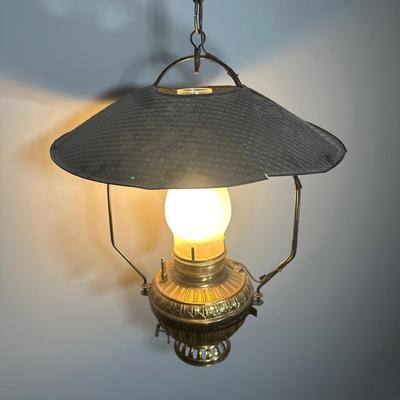 LOT 25Z: Antique Late 19th Century Brass Oil Saloon Lamp converted to Electric made in USA