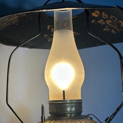 LOT 25Z: Antique Late 19th Century Brass Oil Saloon Lamp converted to Electric made in USA