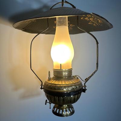 LOT 25Z: Antique Late 19th Century Brass Oil Saloon Lamp converted to Electric made in USA