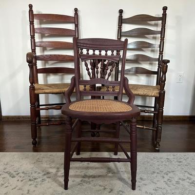 LOT 27X: Antique 19th Century Hand Carved Cane Seat Walnut Chair & Two Beautiful Vintage Ladder Back Chairs