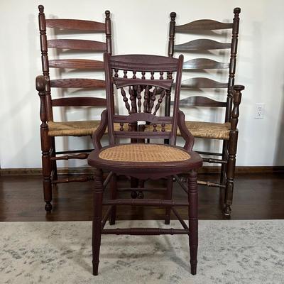 LOT 27X: Antique 19th Century Hand Carved Cane Seat Walnut Chair & Two Beautiful Vintage Ladder Back Chairs