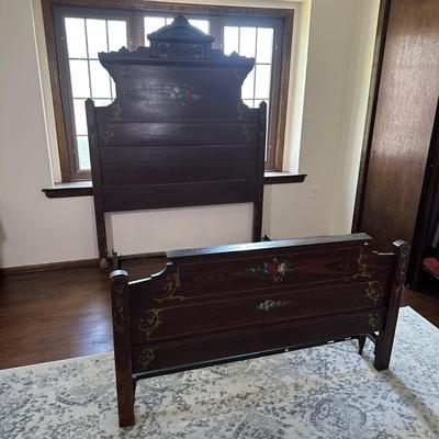 LOT 29X: Antique Hand Painted Cottage Victorian Wooden Bed Frame