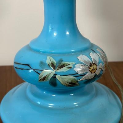 LOT 31M: Antique 19th Century Blue Glass Hand Painted Victorian Oil Lamp