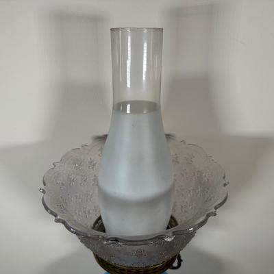 LOT 31M: Antique 19th Century Blue Glass Hand Painted Victorian Oil Lamp