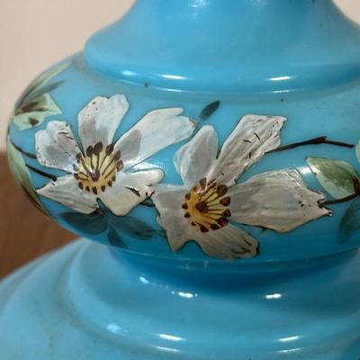 LOT 31M: Antique 19th Century Blue Glass Hand Painted Victorian Oil Lamp