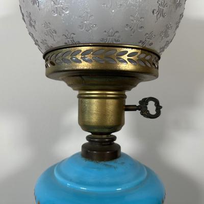 LOT 31M: Antique 19th Century Blue Glass Hand Painted Victorian Oil Lamp