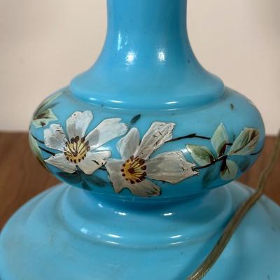 LOT 31M: Antique 19th Century Blue Glass Hand Painted Victorian Oil Lamp