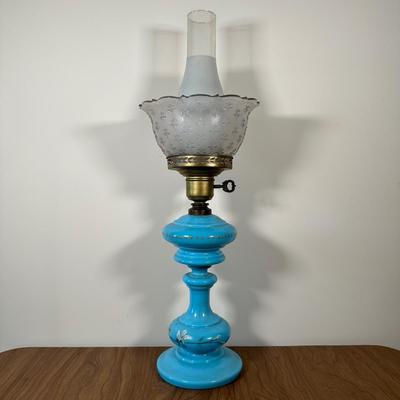 LOT 31M: Antique 19th Century Blue Glass Hand Painted Victorian Oil Lamp