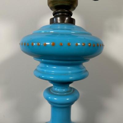 LOT 31M: Antique 19th Century Blue Glass Hand Painted Victorian Oil Lamp