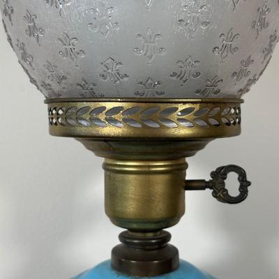 LOT 31M: Antique 19th Century Blue Glass Hand Painted Victorian Oil Lamp