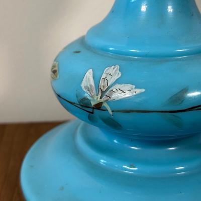 LOT 31M: Antique 19th Century Blue Glass Hand Painted Victorian Oil Lamp