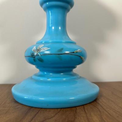 LOT 31M: Antique 19th Century Blue Glass Hand Painted Victorian Oil Lamp