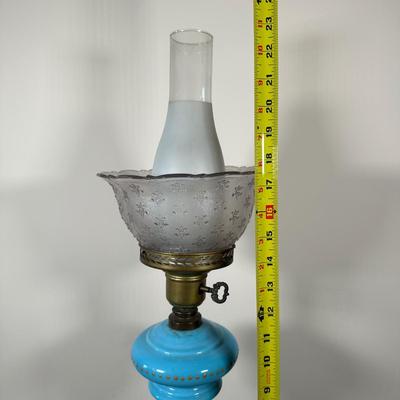 LOT 31M: Antique 19th Century Blue Glass Hand Painted Victorian Oil Lamp