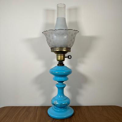 LOT 31M: Antique 19th Century Blue Glass Hand Painted Victorian Oil Lamp