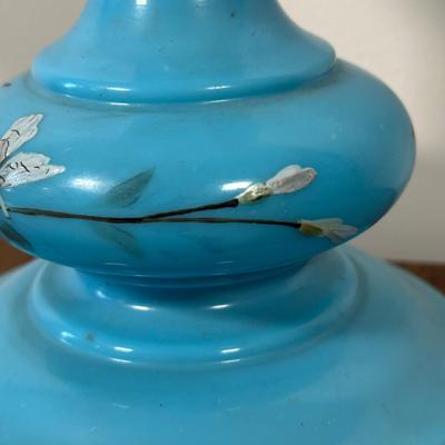 LOT 31M: Antique 19th Century Blue Glass Hand Painted Victorian Oil Lamp