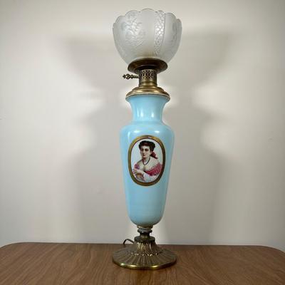 LOT 32M: Antique 19th Century Opaline Glass & Brass Oil Lamp