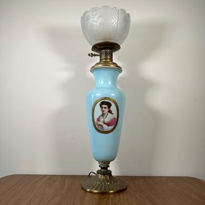 LOT 32M: Antique 19th Century Opaline Glass & Brass Oil Lamp