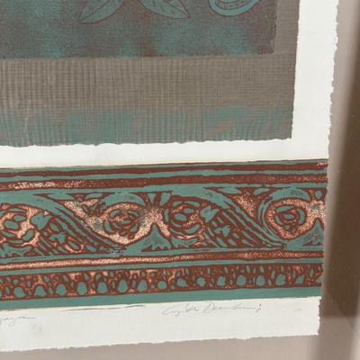 LOT 39X: “Los Papagayos” by C. December Signed & Numbered Block Print / Mixed Media Artwork framed between 2 Panes of Glass
