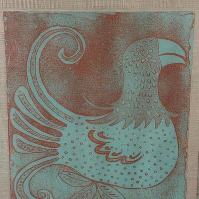 LOT 39X: “Los Papagayos” by C. December Signed & Numbered Block Print / Mixed Media Artwork framed between 2 Panes of Glass