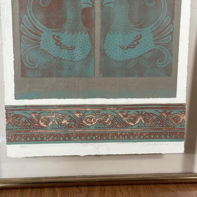 LOT 39X: “Los Papagayos” by C. December Signed & Numbered Block Print / Mixed Media Artwork framed between 2 Panes of Glass