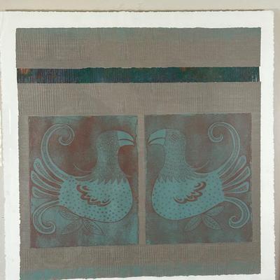 LOT 39X: “Los Papagayos” by C. December Signed & Numbered Block Print / Mixed Media Artwork framed between 2 Panes of Glass