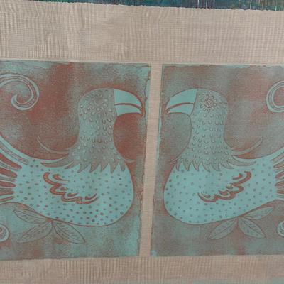 LOT 39X: “Los Papagayos” by C. December Signed & Numbered Block Print / Mixed Media Artwork framed between 2 Panes of Glass