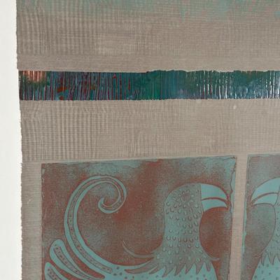 LOT 39X: “Los Papagayos” by C. December Signed & Numbered Block Print / Mixed Media Artwork framed between 2 Panes of Glass