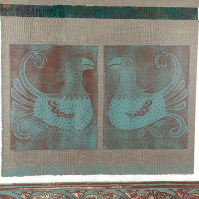 LOT 39X: “Los Papagayos” by C. December Signed & Numbered Block Print / Mixed Media Artwork framed between 2 Panes of Glass