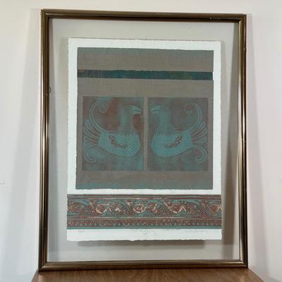 LOT 39X: “Los Papagayos” by C. December Signed & Numbered Block Print / Mixed Media Artwork framed between 2 Panes of Glass