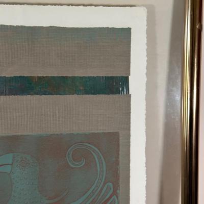 LOT 39X: “Los Papagayos” by C. December Signed & Numbered Block Print / Mixed Media Artwork framed between 2 Panes of Glass