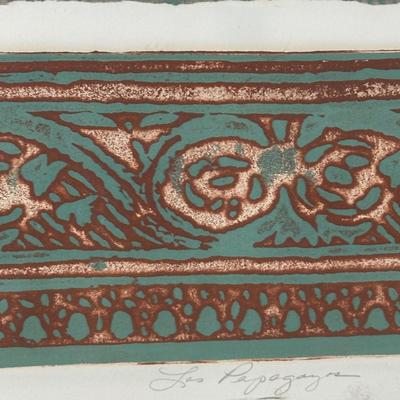 LOT 39X: “Los Papagayos” by C. December Signed & Numbered Block Print / Mixed Media Artwork framed between 2 Panes of Glass
