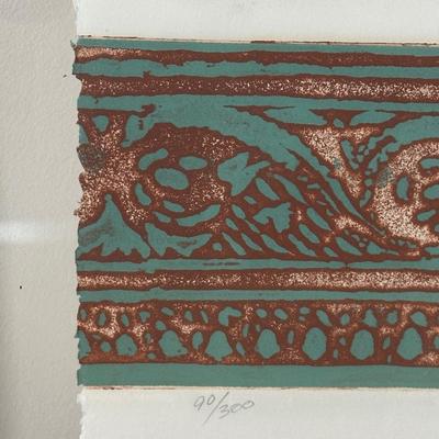 LOT 39X: “Los Papagayos” by C. December Signed & Numbered Block Print / Mixed Media Artwork framed between 2 Panes of Glass