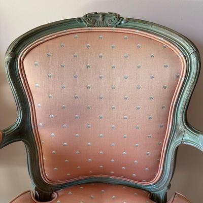 LOT 62L: Pair of Antique French Louis XVI Style Carved Silk Chairs