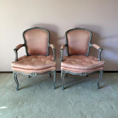 LOT 62L: Pair of Antique French Louis XVI Style Carved Silk Chairs
