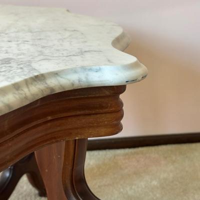LOT 63L: Antique Victorian Carved Walnut Marble Top Parlor Table