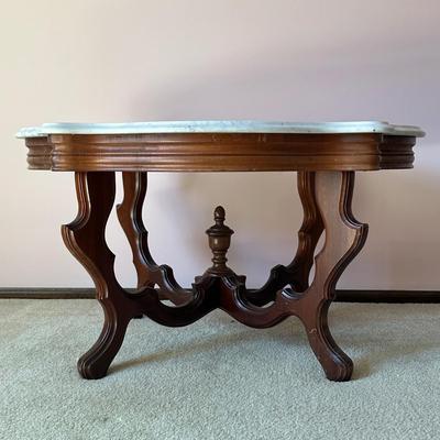 LOT 63L: Antique Victorian Carved Walnut Marble Top Parlor Table