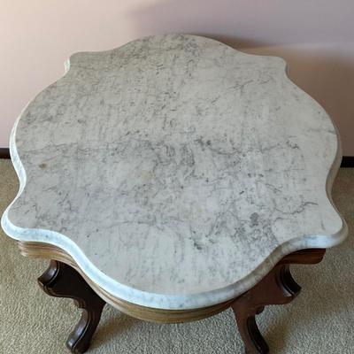 LOT 63L: Antique Victorian Carved Walnut Marble Top Parlor Table