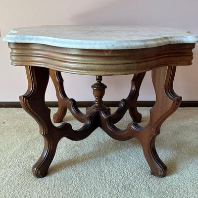 LOT 63L: Antique Victorian Carved Walnut Marble Top Parlor Table
