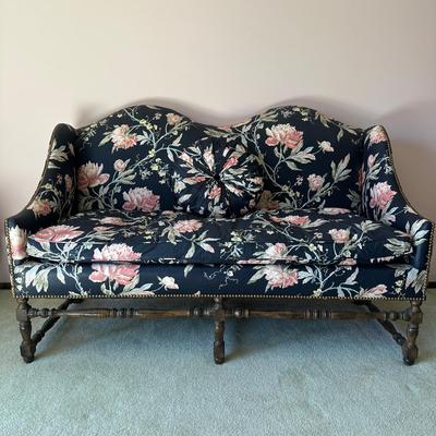 LOT 64L: Custom Upholstery Vintage Down Filled Black Floral Loveseat
