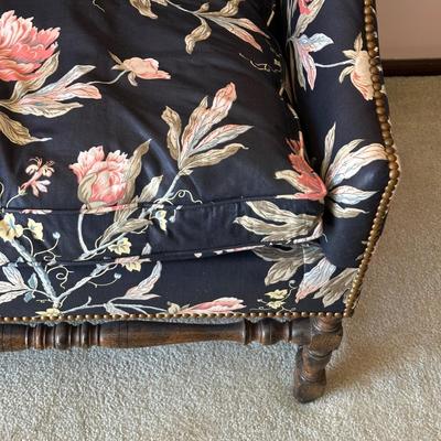 LOT 64L: Custom Upholstery Vintage Down Filled Black Floral Loveseat
