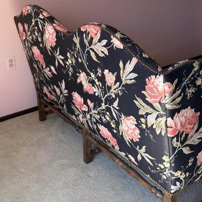 LOT 64L: Custom Upholstery Vintage Down Filled Black Floral Loveseat