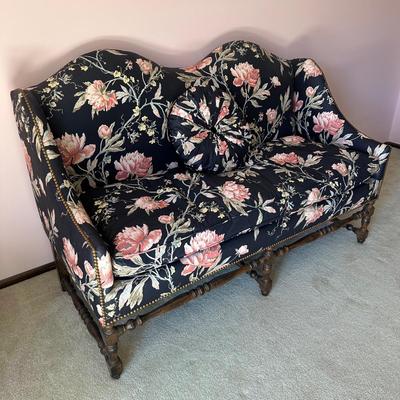LOT 64L: Custom Upholstery Vintage Down Filled Black Floral Loveseat