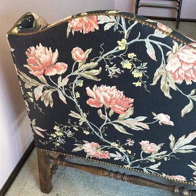 LOT 64L: Custom Upholstery Vintage Down Filled Black Floral Loveseat