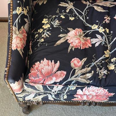 LOT 64L: Custom Upholstery Vintage Down Filled Black Floral Loveseat