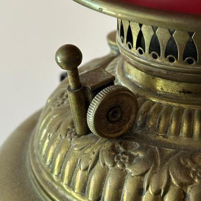 LOT 65L: Antique Victorian Cast Iron/Brass Oil Lamp with Red Glass Shade